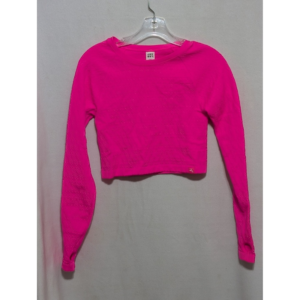 JoyLab Womens Neon Pink Textured Long Sleeve Crop Top Thumbholes Size Large